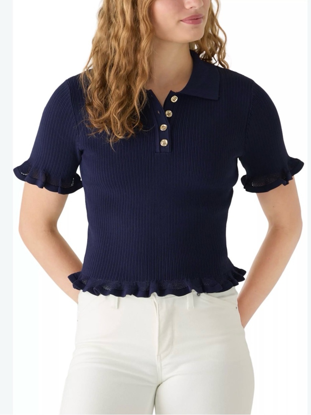 NWT EDIT Jason Wu Navy Ruffle-Hem Polo Knit Top msrp $98